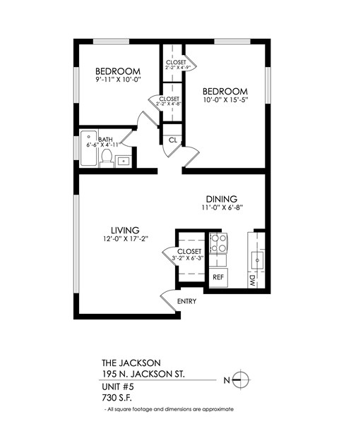 A black and white image of a floor plan for a unit at 195 N. Jackson St.